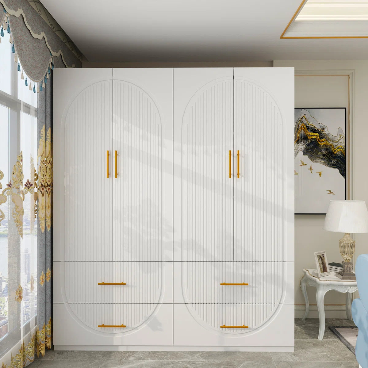Merta White Wardrobe Closet with Soft-Close Doors โ 3-Tier Shelves & 4 Drawers MDF Armoire for Bedroom