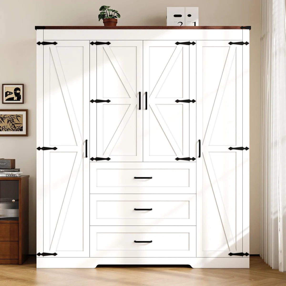 Farmhouse 4-door Wooden Armoire Wardrobe Closet With 3 Drawers, Wardrobe Closet With Hanging Rod And Shelves Tall Clothes Storage Cabinet For Bedroom