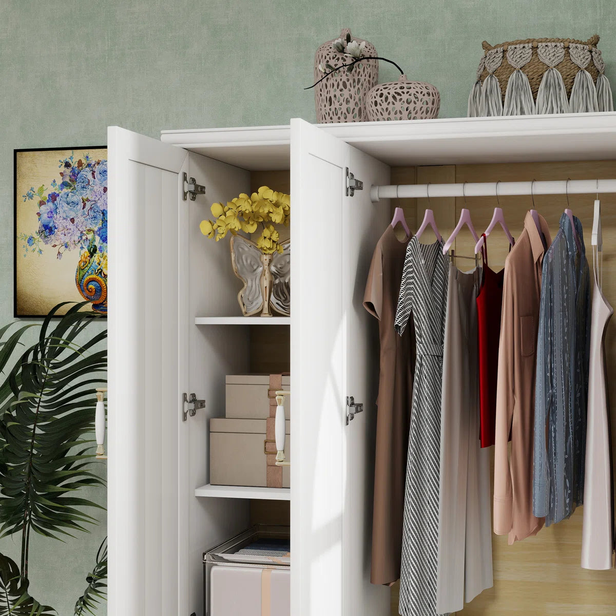 Pearly White 4-Door Solid Wood Wardrobe Armoire 70.87 H with Drawers and Hanging Rods