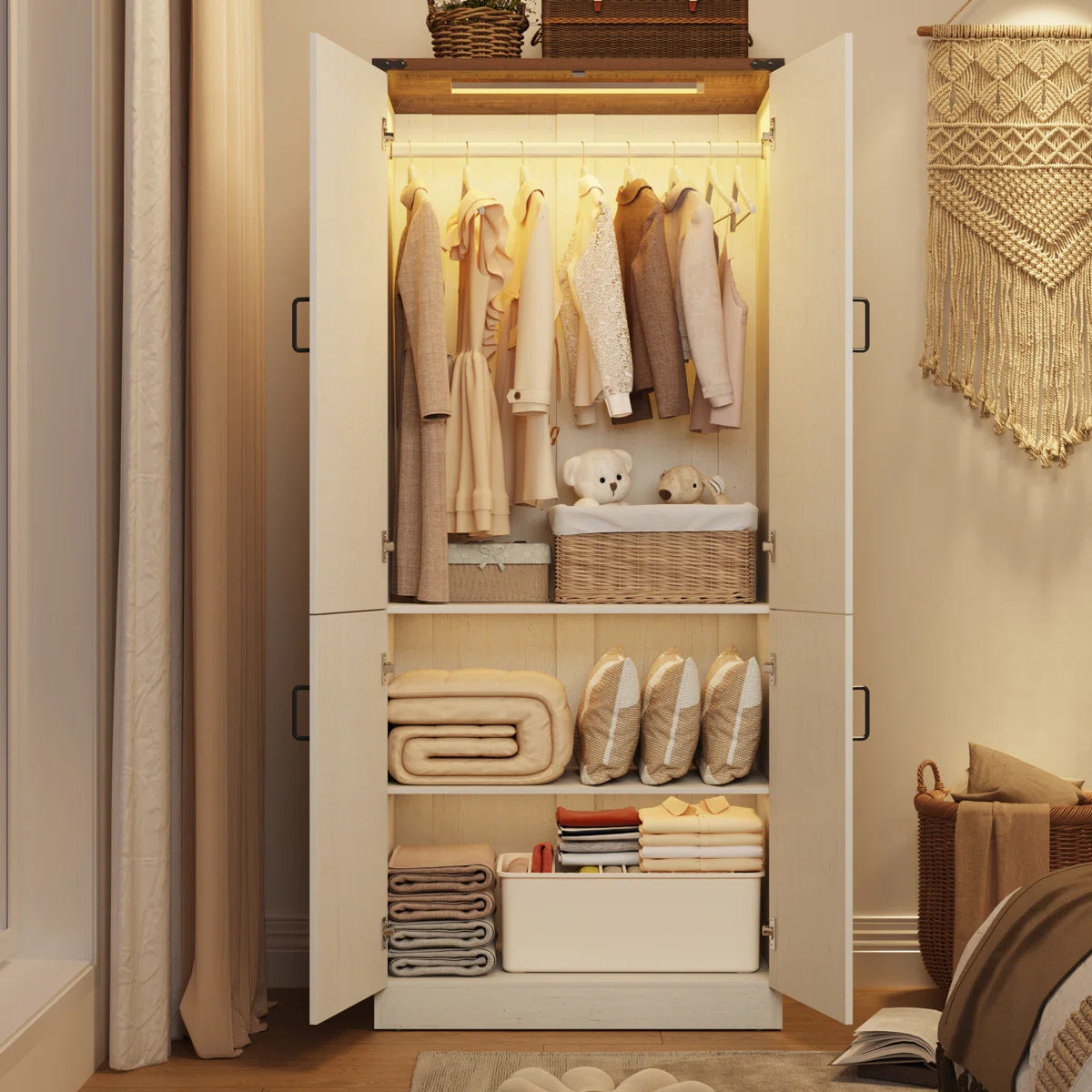 75" H Farmhouse Wardrobe Armoire Closet With LED Lights, 2 Doors Wooden Wardrobe Cabinet For Bedroom With Hanging Rod For Bedroom