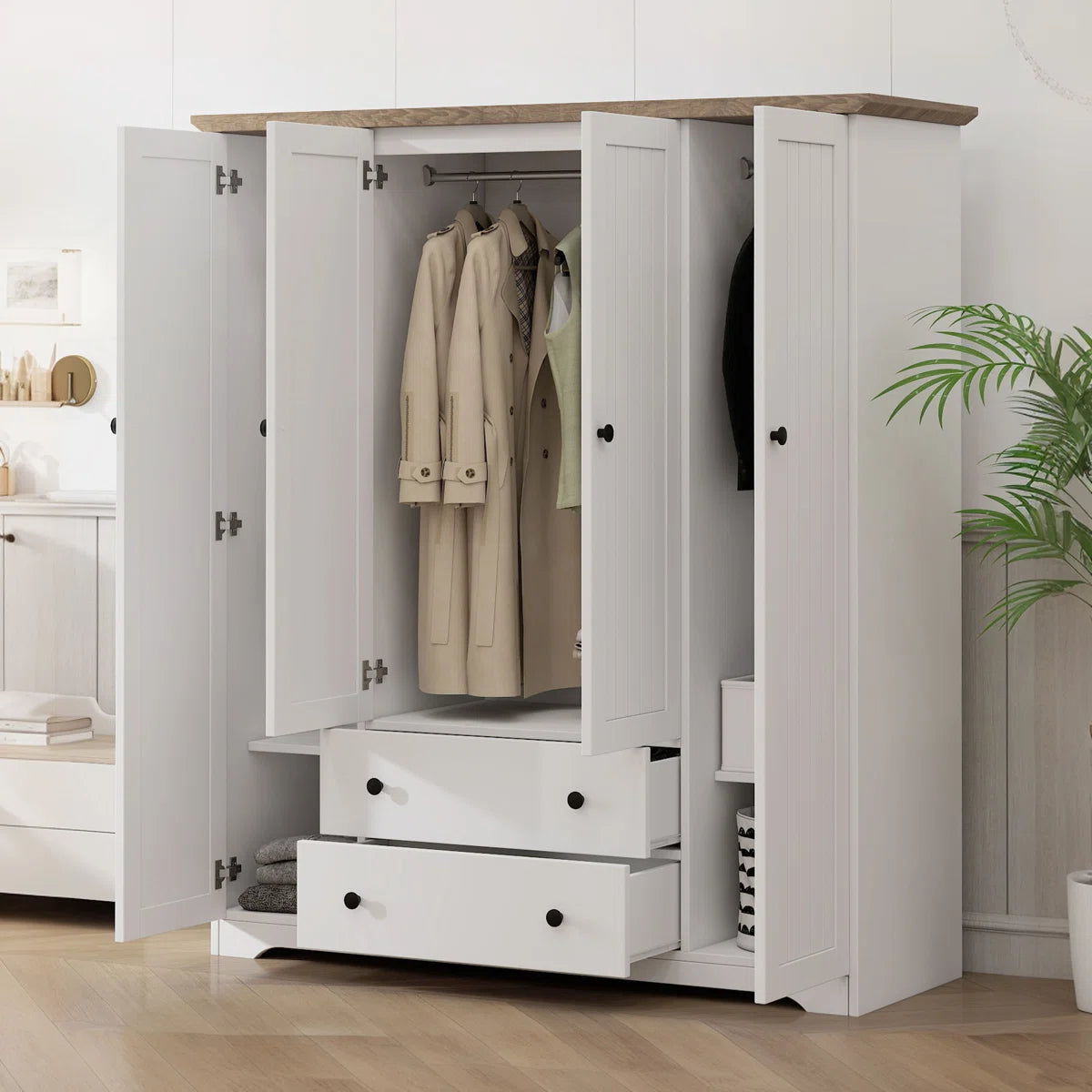 Elegant 4-Door Wood Wardrobe Closet Armoire with 2 Drawers Bedroom Storage-OUCH CART | Wardrobe