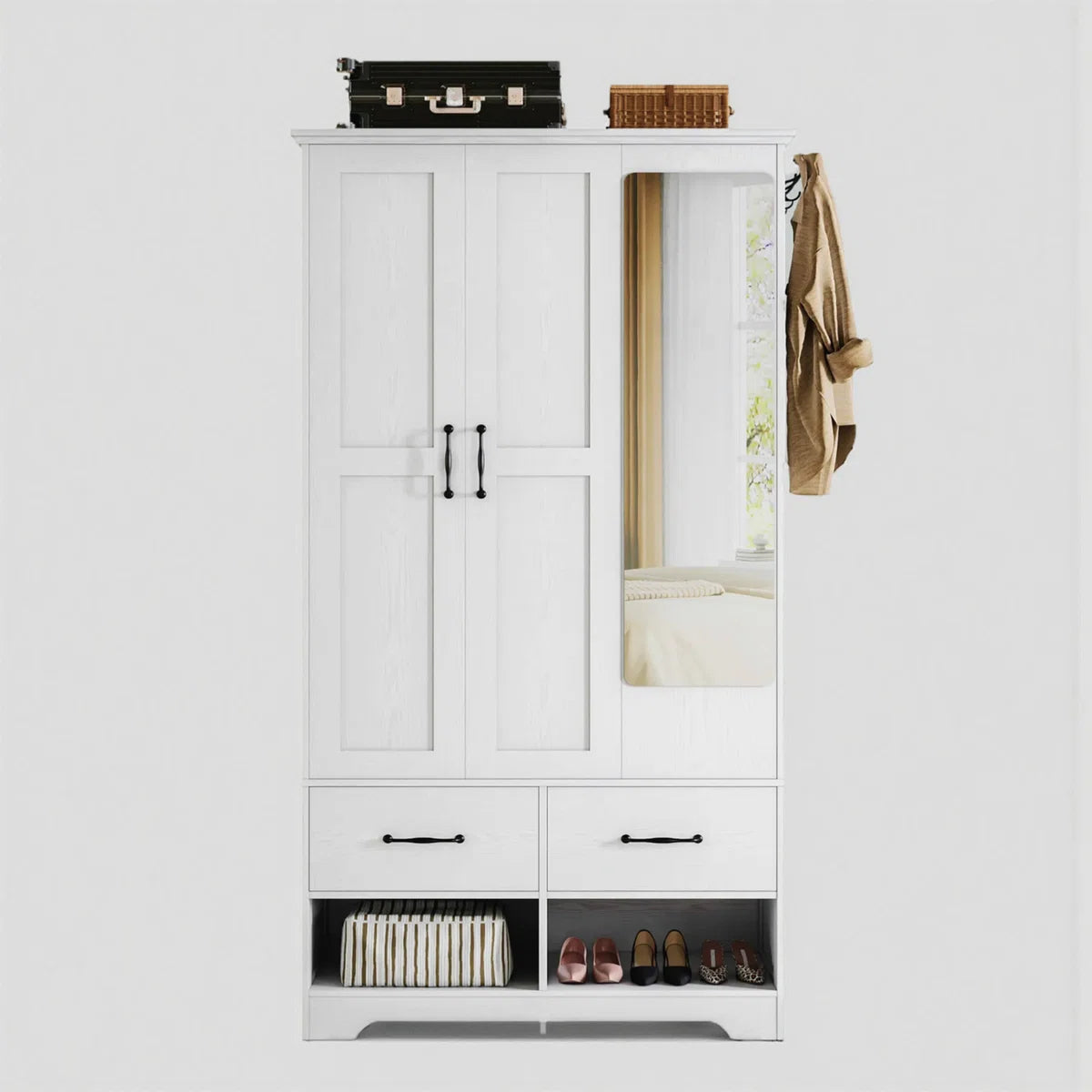 3-door Solid Wood Armoire With Mirror, 2 Drawers, 2 Shoe Racks, 35.4" W × 70.4" H Wardrobe Closet With 6 Shelves, Closet Storage cabinet With Hanging Rod, White