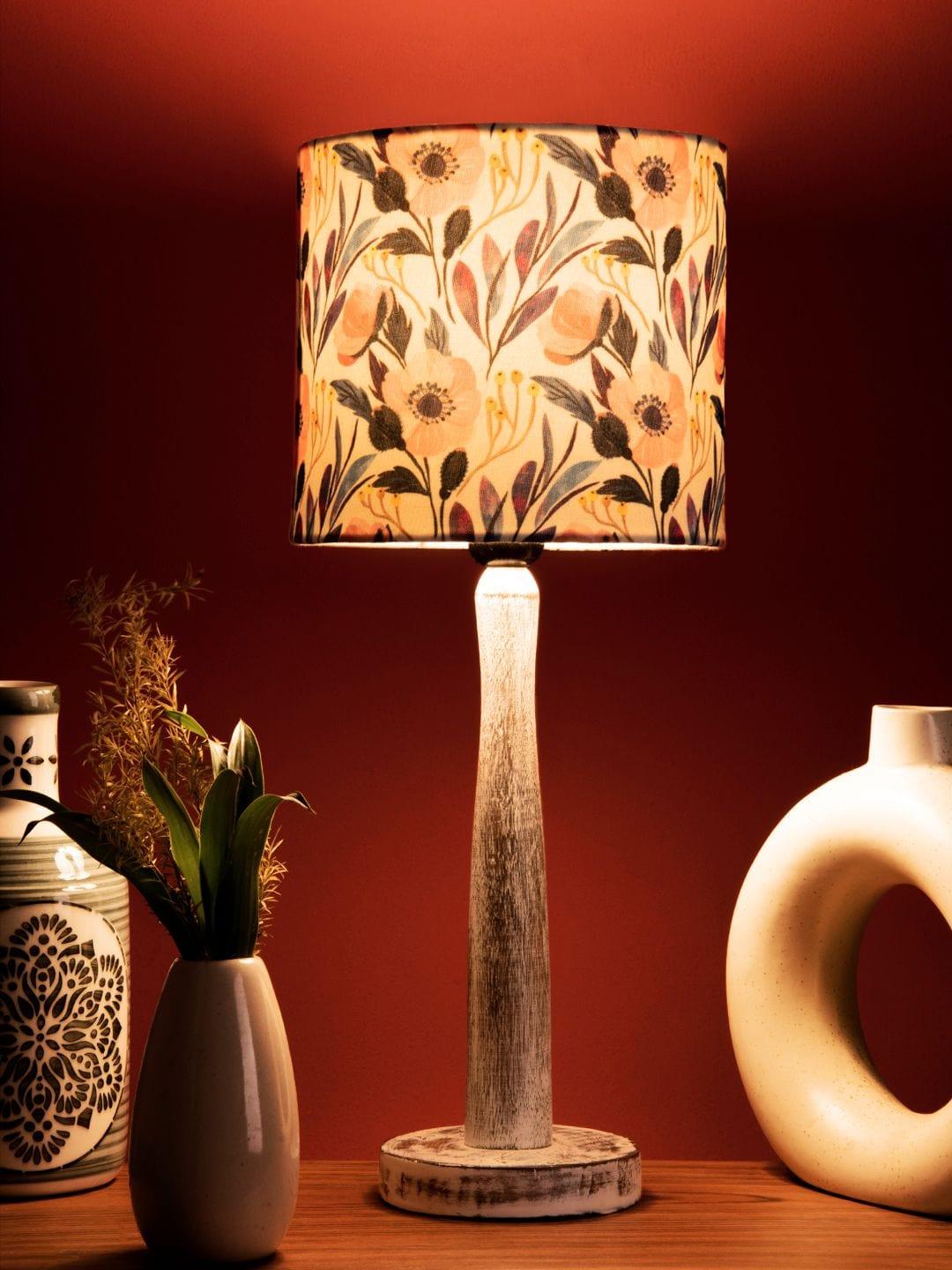 Distress White Wooden Lamp with Pink Floral Shade - Ouch Cart