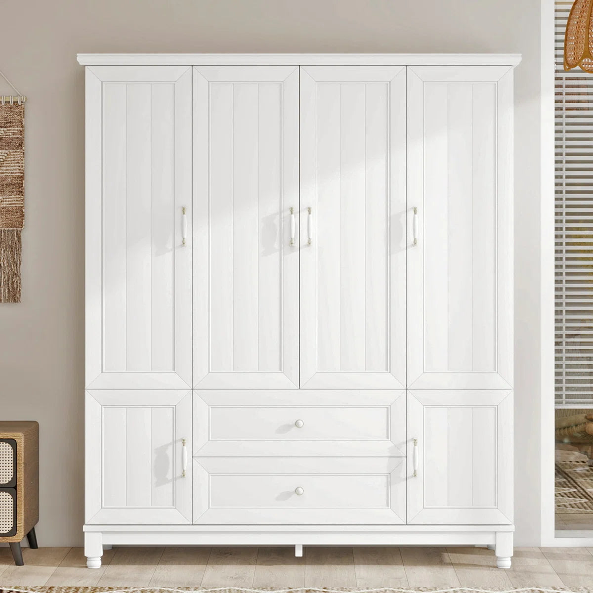 Pearly White 4-Door Solid Wood Wardrobe Armoire 70.87 H with Drawers and Hanging Rods