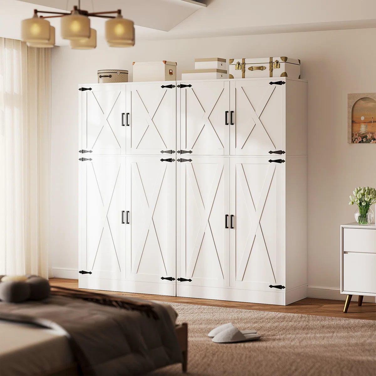 Functional 71'' Farmhouse Armoire Wardrobe Closet with Shelf and Hanging Rod