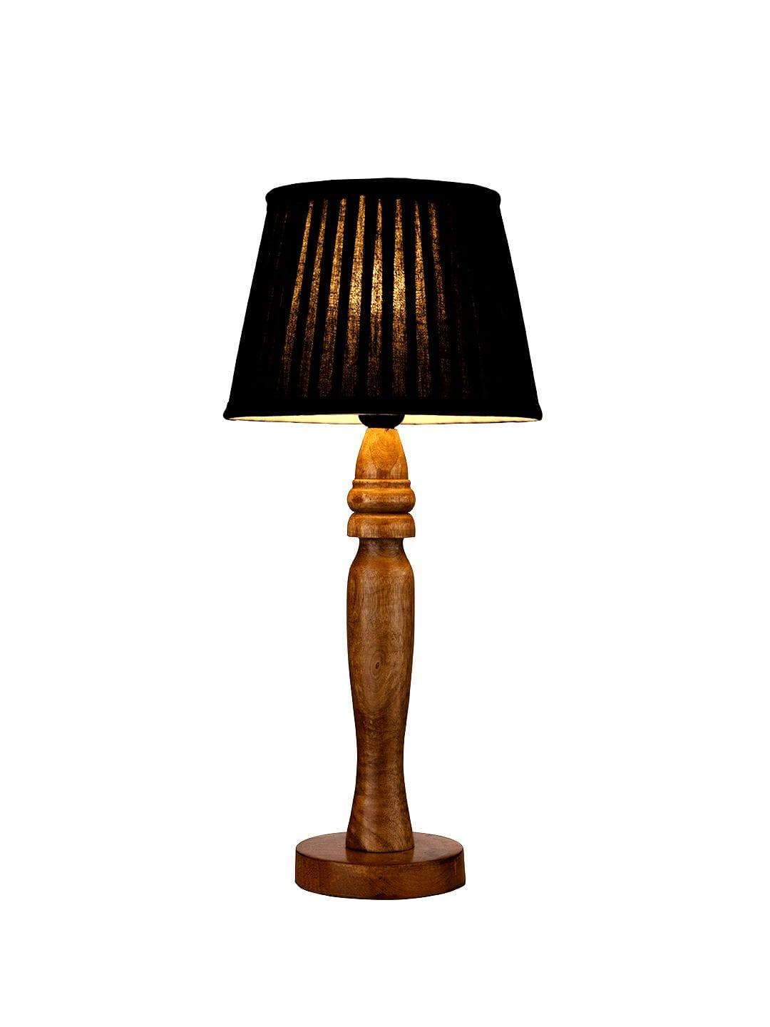 Wooden Round Brown Lamp with pleeted Black Taper soft Shade - Ouch Cart