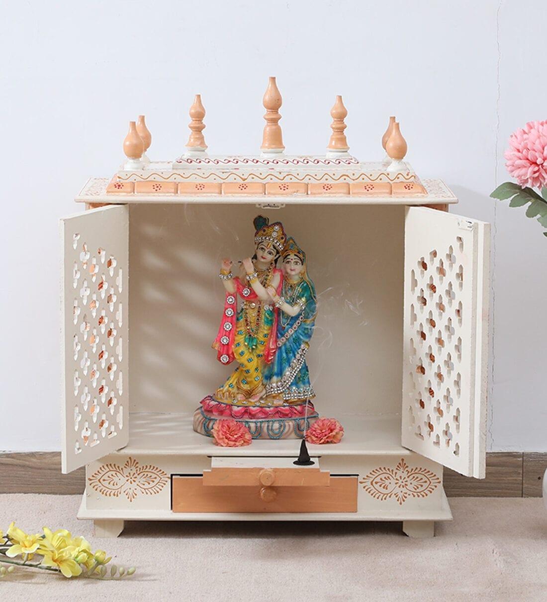 White And Gold Mango Wood & MDF Pooja Mandir With Door, - Ouch Cart