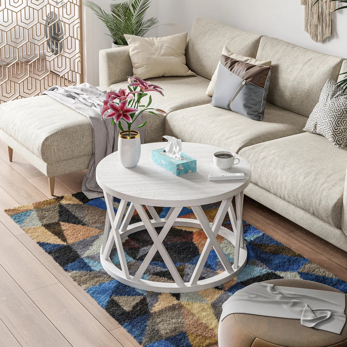 Viradis Farmhouse Coffee Table, Rustic Round Coffee Table with X-Motifs Legs, Wood Textured Top