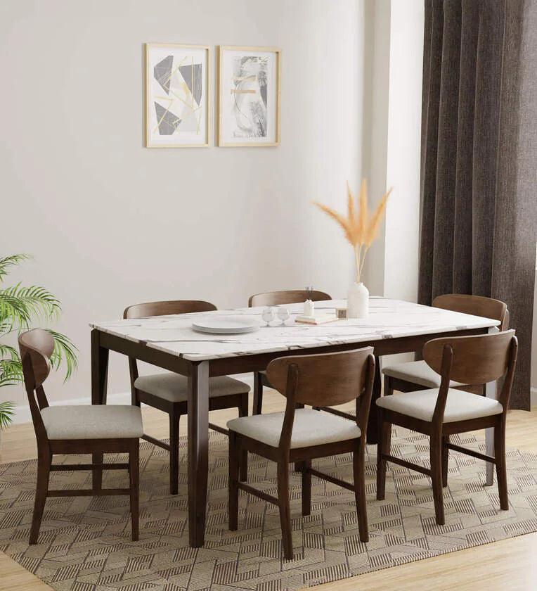 Solid Wood 6 Seater Dining Set In Marble Finish - Ouch Cart