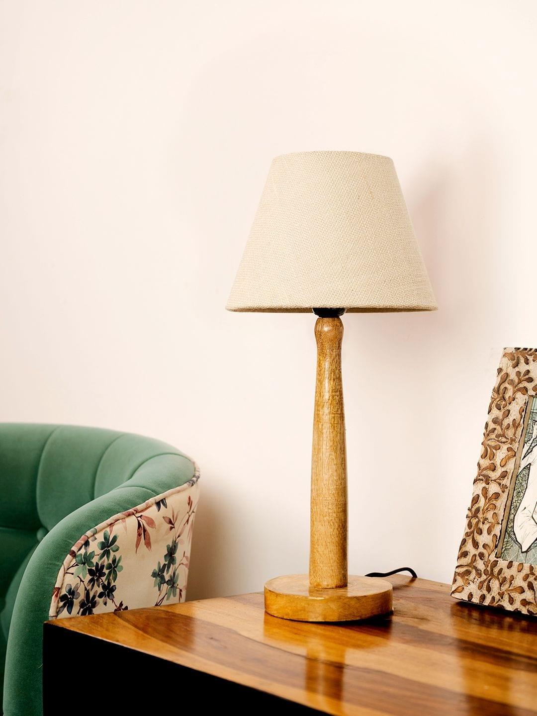 Wooden Brown Lamp with Taper White Jute Shade - Ouch Cart