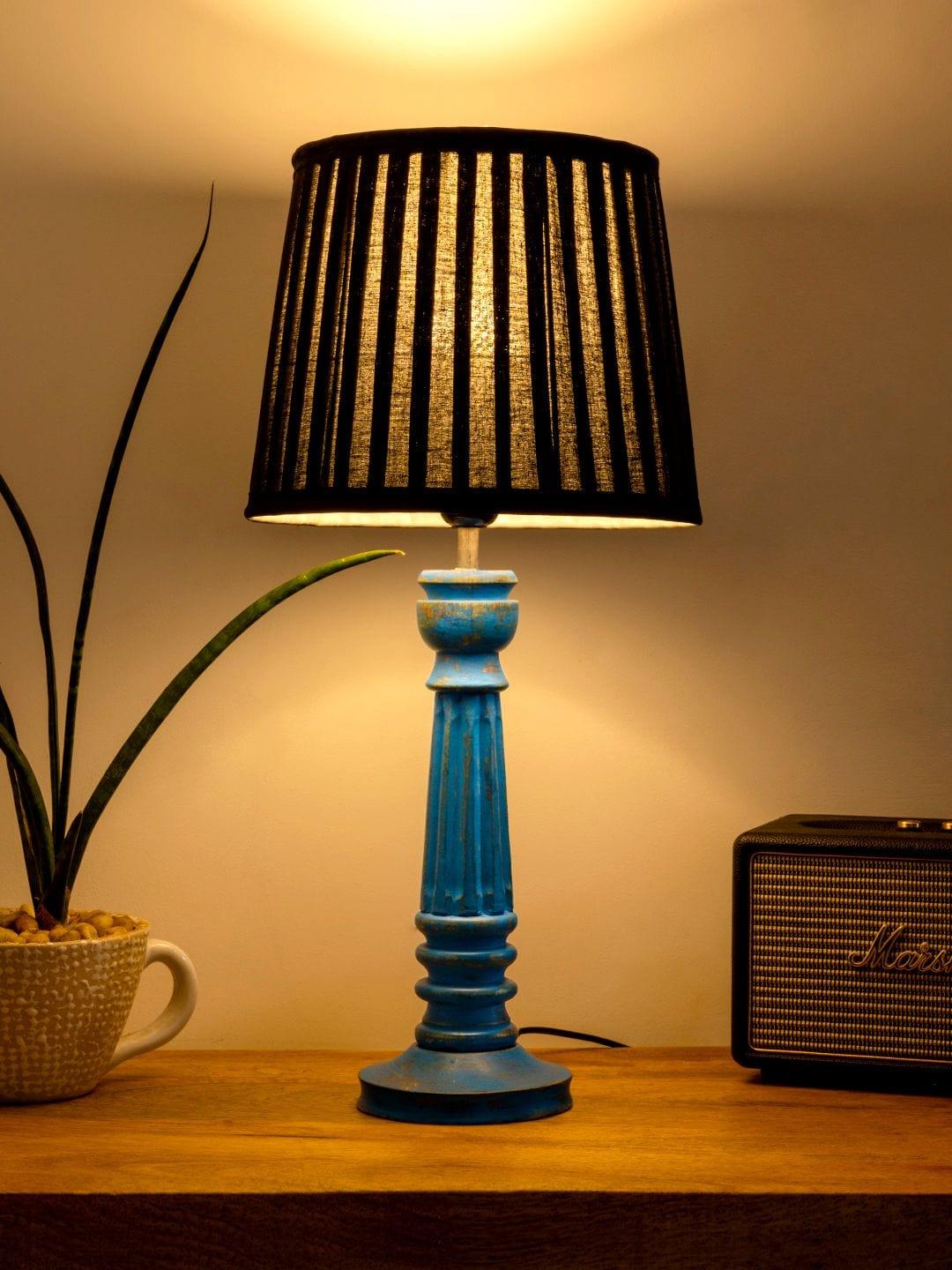 Wooden Pillar Blue lamp with pleeted Black Soft Shade - Ouch Cart