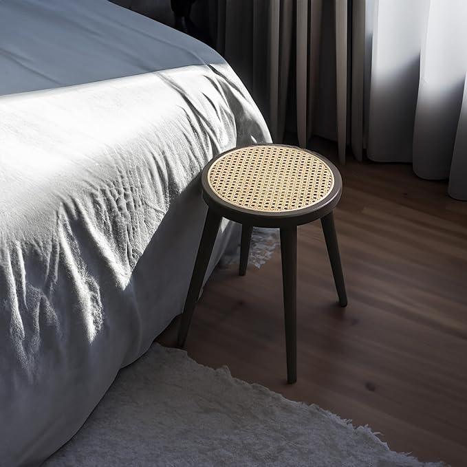 Rattan Stool, Small Rattan Stool, Handcrafted Wood Stool, Lightweight Stool, Hand-Woven Rattan, No Tool Assembly (Round, Brown) - Ouch Cart