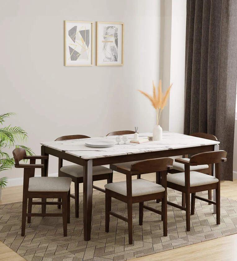 Solid Wood 6 Seater Dining Set In Marble Finish - Ouch Cart