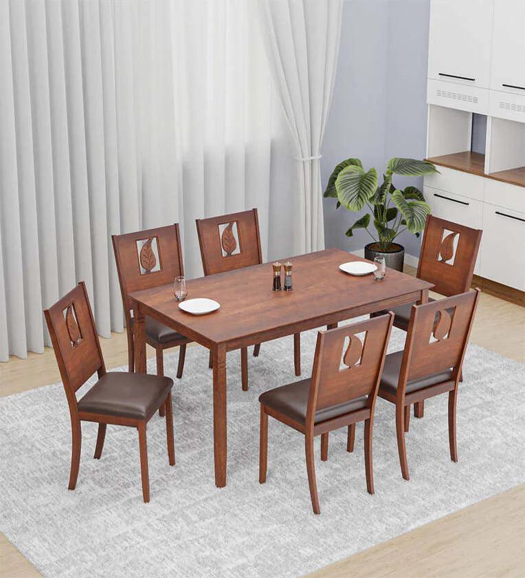 Solid Wood 6 Seater Dinning Table In Walnut Brown Finish - Ouch Cart