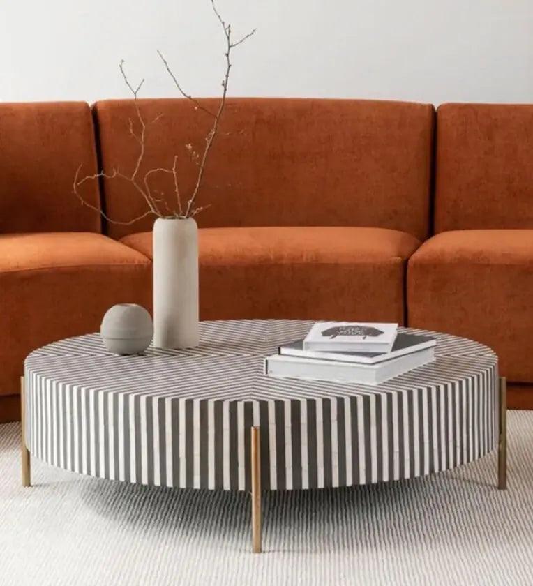 Stripe Bone Inlay Coffee Table in White & Black Colour - Ouch Cart