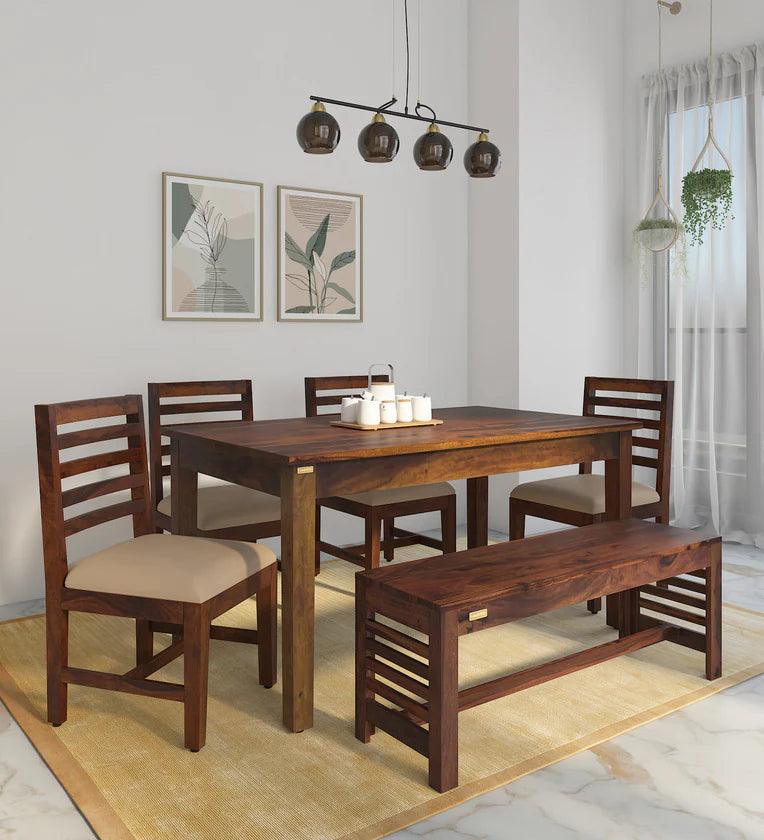 Sheesham Wood 6 Seater Dining Set In Scratch Resistant Provincial Teak Finish With Bench - Ouch Cart