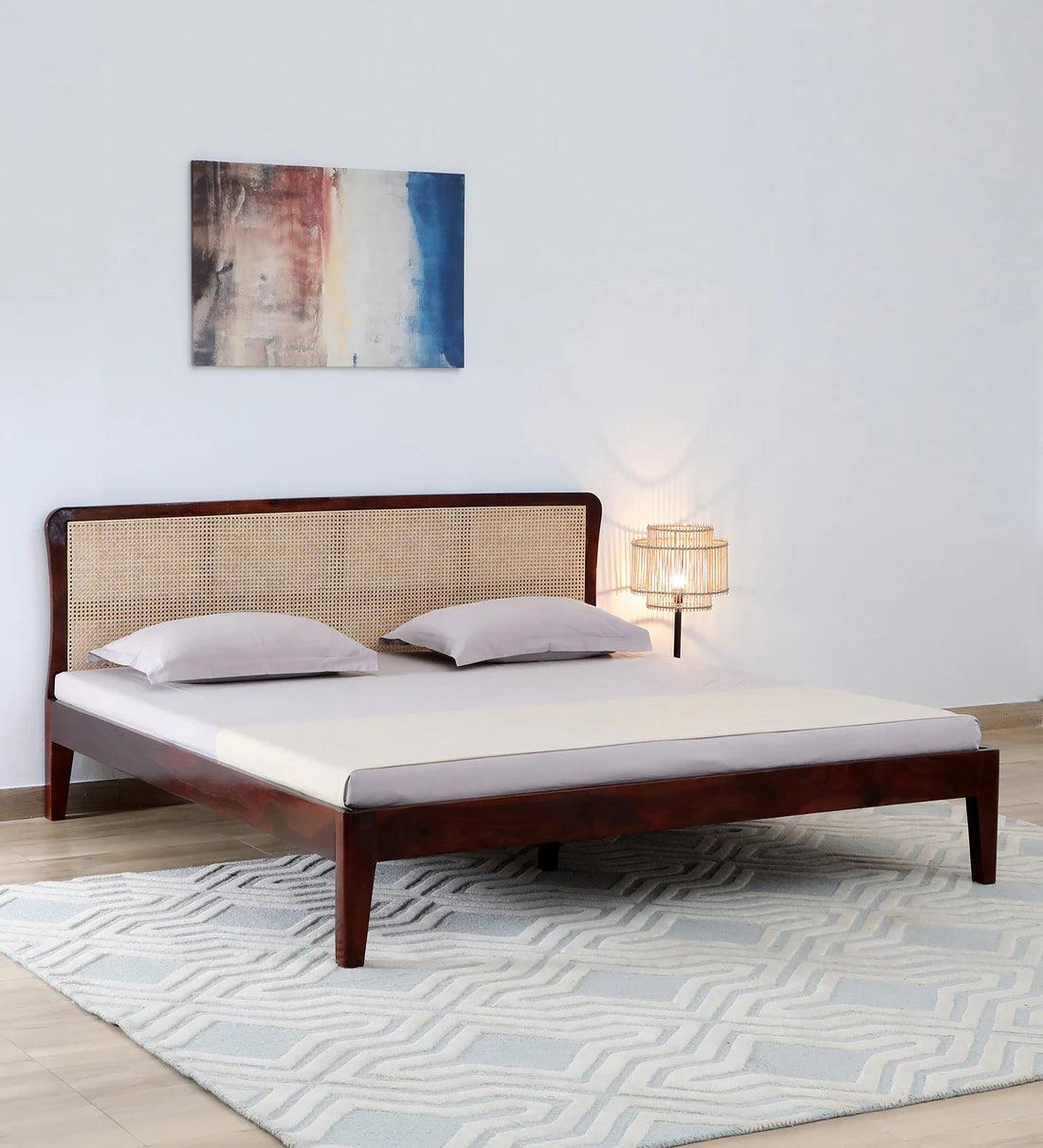 Cane & Sheesham Wood King Size Bed In Maharani Finish - Ouch Cart