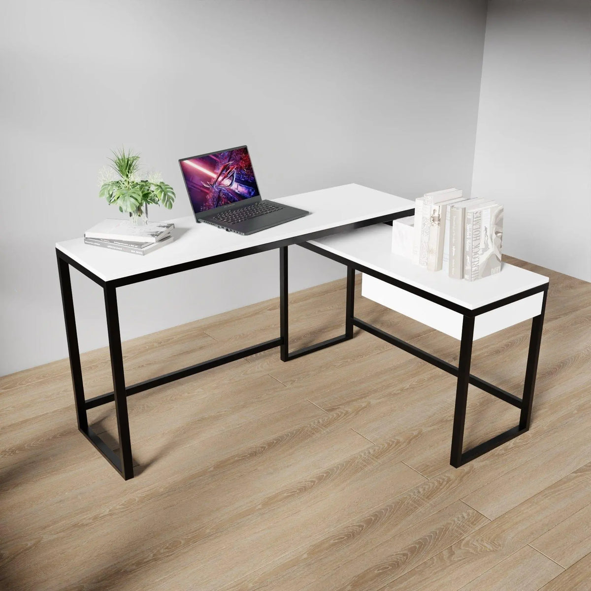 Enkele L Shaped Study Table with Storage Design in White Color - Ouch Cart