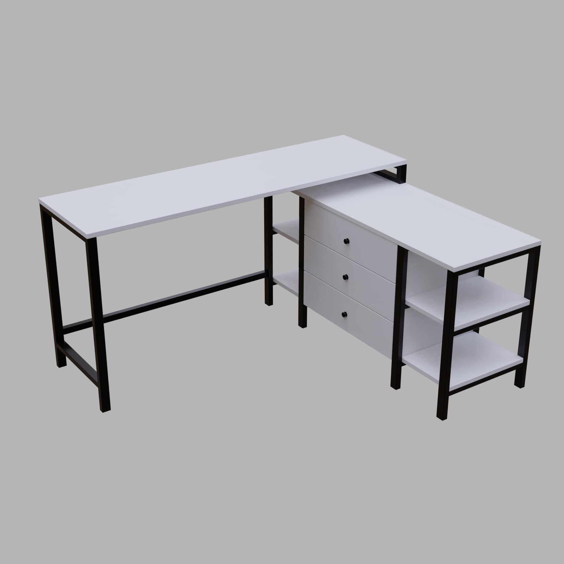 Kerry L Shaped Executive Desk with Storage Design with Drawers & Open Storage shelves in white finish - Ouch Cart