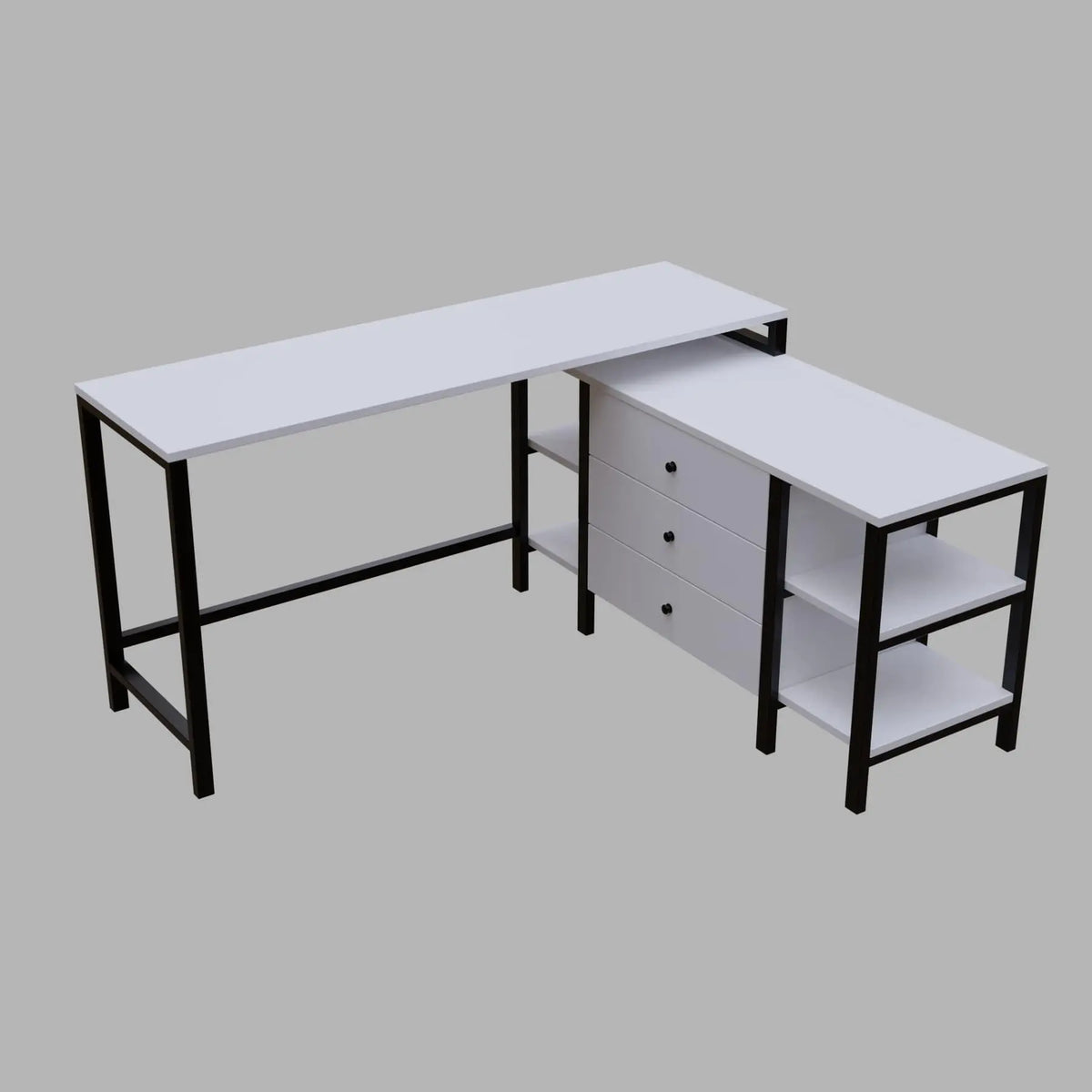 Kerry L Shaped Executive Desk with Storage Design with Drawers & Open Storage shelves in white finish - Ouch Cart