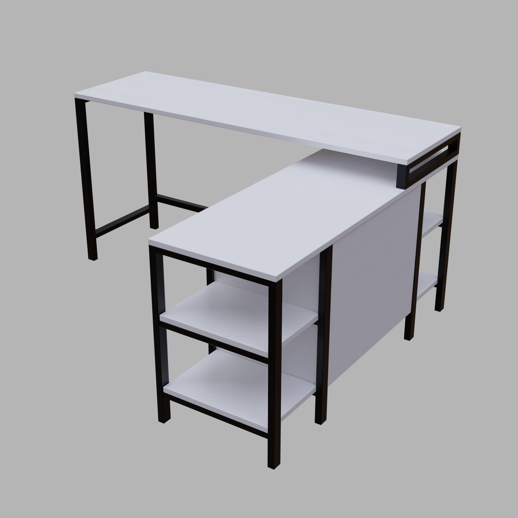 Kerry L Shaped Executive Desk with Storage Design with Drawers & Open Storage shelves in white finish - Ouch Cart