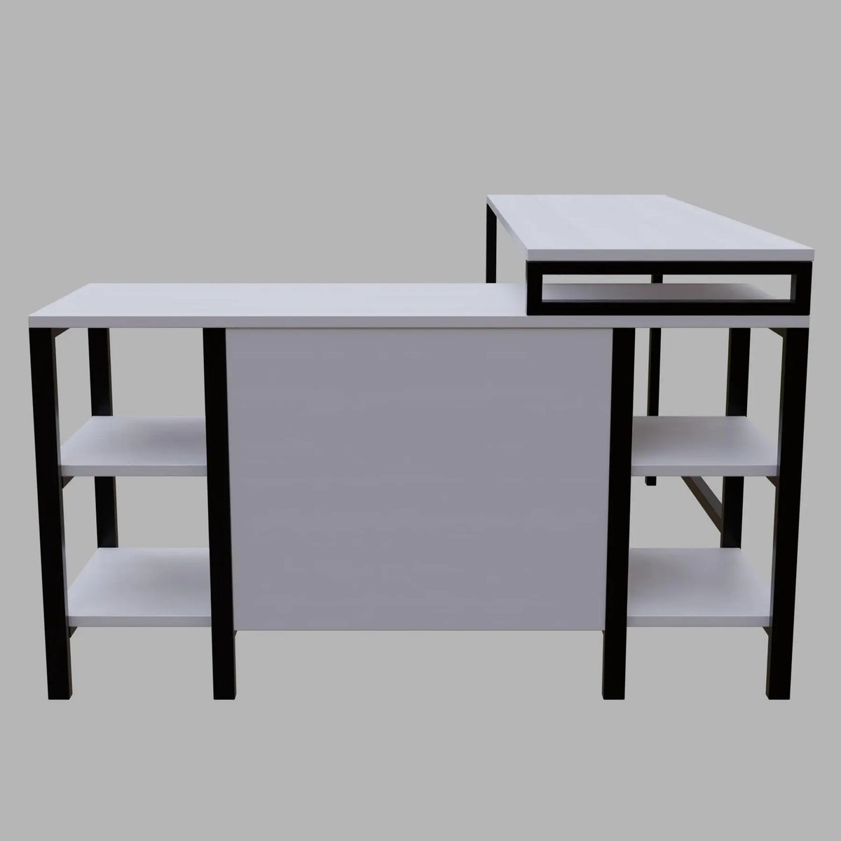 Kerry L Shaped Executive Desk with Storage Design with Drawers & Open Storage shelves in white finish - Ouch Cart