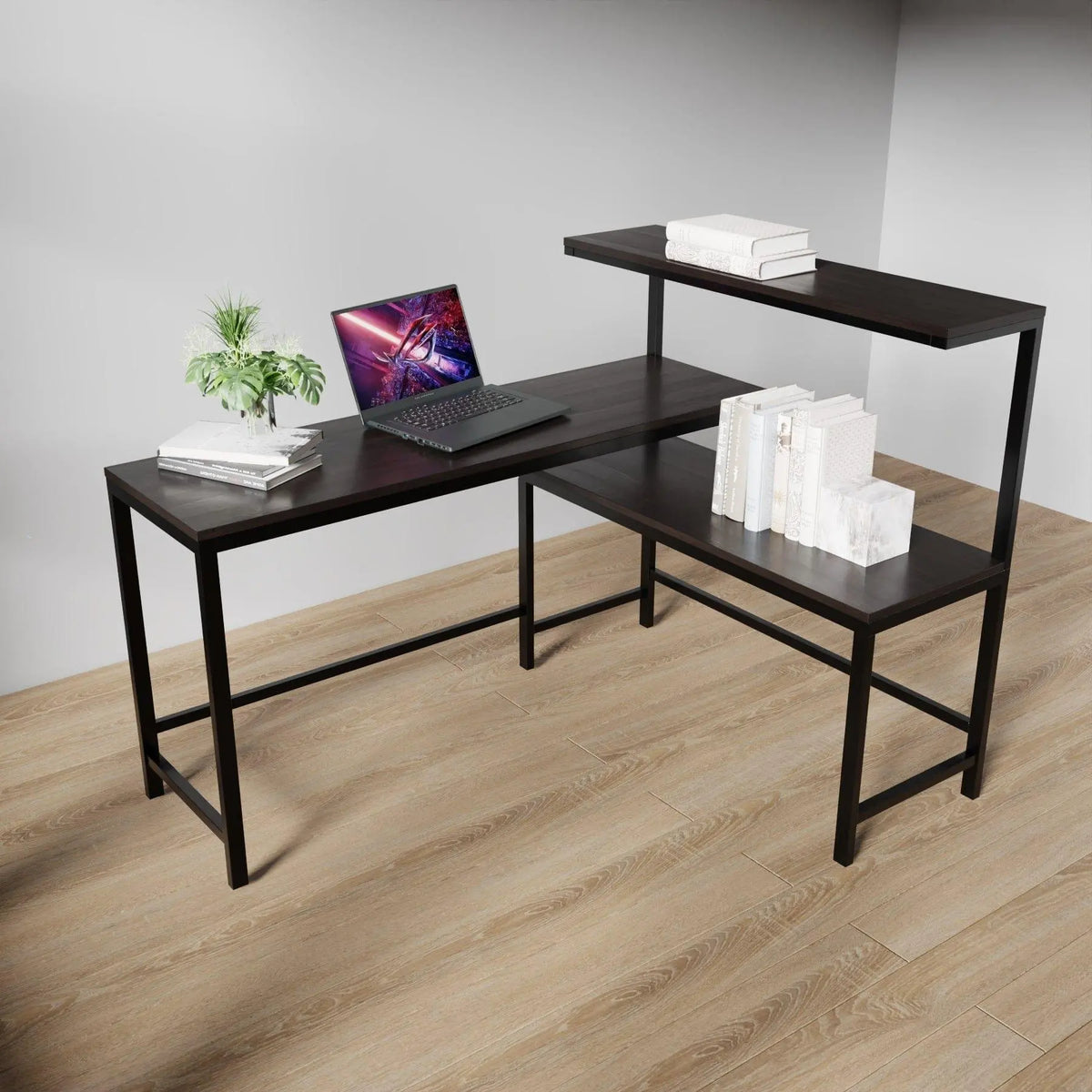 Mitsuko L Shaped Study Table with storage Design in Brown Color - Ouch Cart
