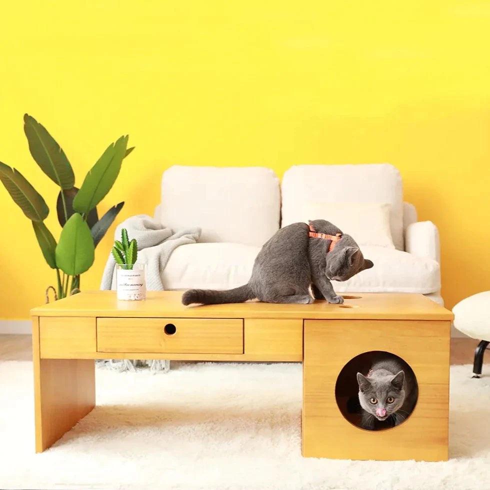 Rectangular Coffee Table With Drawer & Cat Condos House By Miza - Ouch Cart