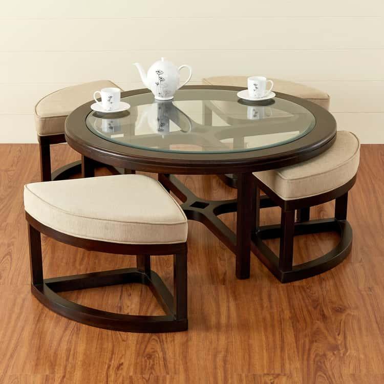Glass Top Coffee Table with Stools - Brown - Ouch Cart
