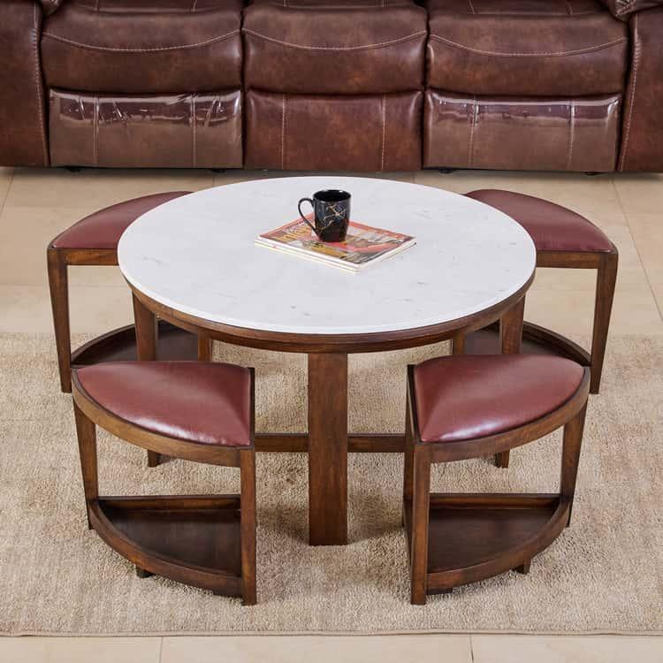 Marble Top Coffee Table with Stools - Brown - Ouch Cart