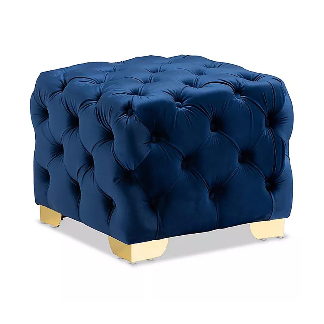 DOE BUCK SQUARE VELVET OTTOMAN/POUFEE IN ROYAL BLUE /GOLD - Ouch Cart