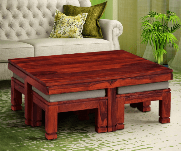 Sheesham Wood coffee table with 4 stools for Living Room and Office - Ouch Cart