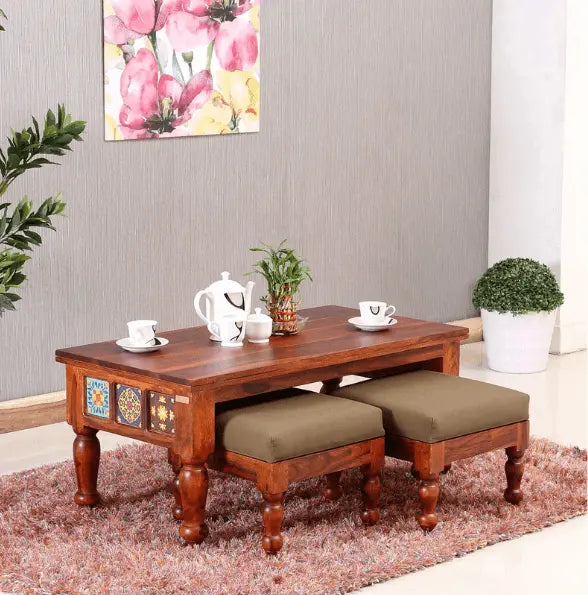 Sheesham Wood Coffee Table with Two Stools (Walnut Finish) - Ouch Cart