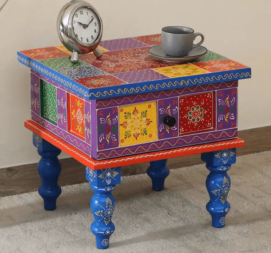 Mango Wood Bedside End Table with Drawer Storage , Multi colour - Ouch Cart