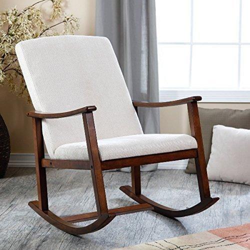 Master Mind Wooden Rocking Chair with Cushions (White) Teak Wood Rocking Chair for Living Room Home Garden Lounge Office - Ouch Cart