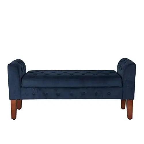 Navy Velvet Storage Bench/Settee Blue Solid Glam Foam Cherry Finish Tufted - Ouch Cart