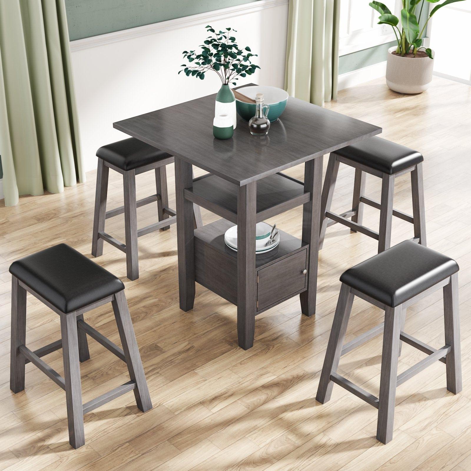 5 Pieces Counter Height Wood Kitchen Dining Table Set with 4 Upholstered Stools with Storage Cupboard and Shelf for Small Places, Gray - Ouch Cart