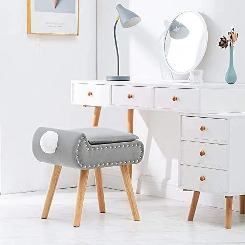 Modern Storage Faux Fur Square Vanity Stool, Makeup Dressing Stool Chair with Wood Legs, Velvet Cushioned Seat Foot Stool, Padded Bench, Storage Ottoman Footrest Stool with Cute Tail for Bedroom Grey - Ouch Cart