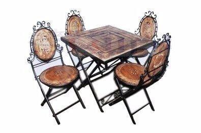 Stylish Wooden & Wrought Iron Folding Table with 4 Chair Set/Easy & Foldable Amazing Coffee Table Set - Ouch Cart