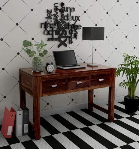 Buy Study Table Online - Standard Size Sheesham Wooden Three Drawer Study & Laptop Table in Provincial Teak Finishing | laptop table for bed | portable table for laptop