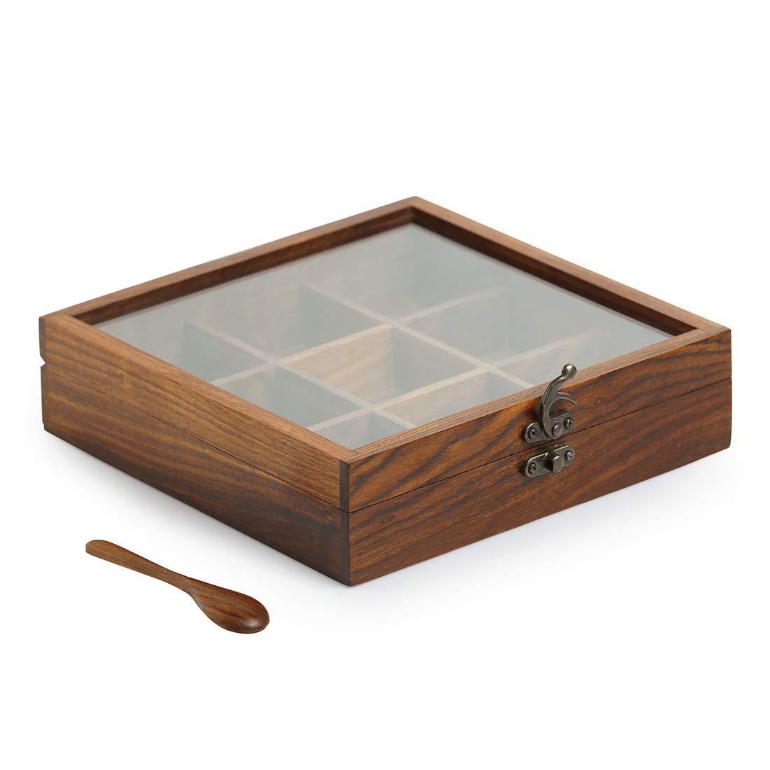 Sheesham Wooden Table Top Masala Dabba Containers Jars Cum Kitchen Spice Box with Spoon (Brown) - Ouch Cart