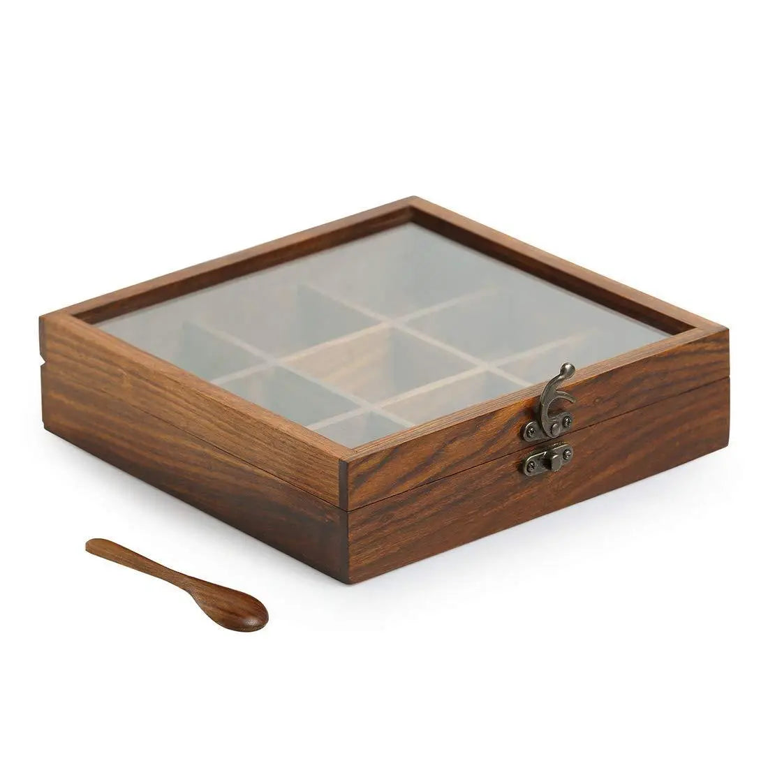 Sheesham Wooden Table Top Masala Dabba Containers Jars Cum Kitchen Spice Box with Spoon (Brown) - Ouch Cart