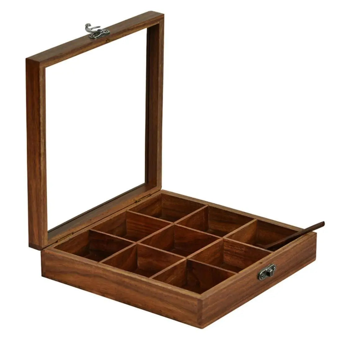 Sheesham Wooden Table Top Masala Dabba Containers Jars Cum Kitchen Spice Box with Spoon (Brown) - Ouch Cart
