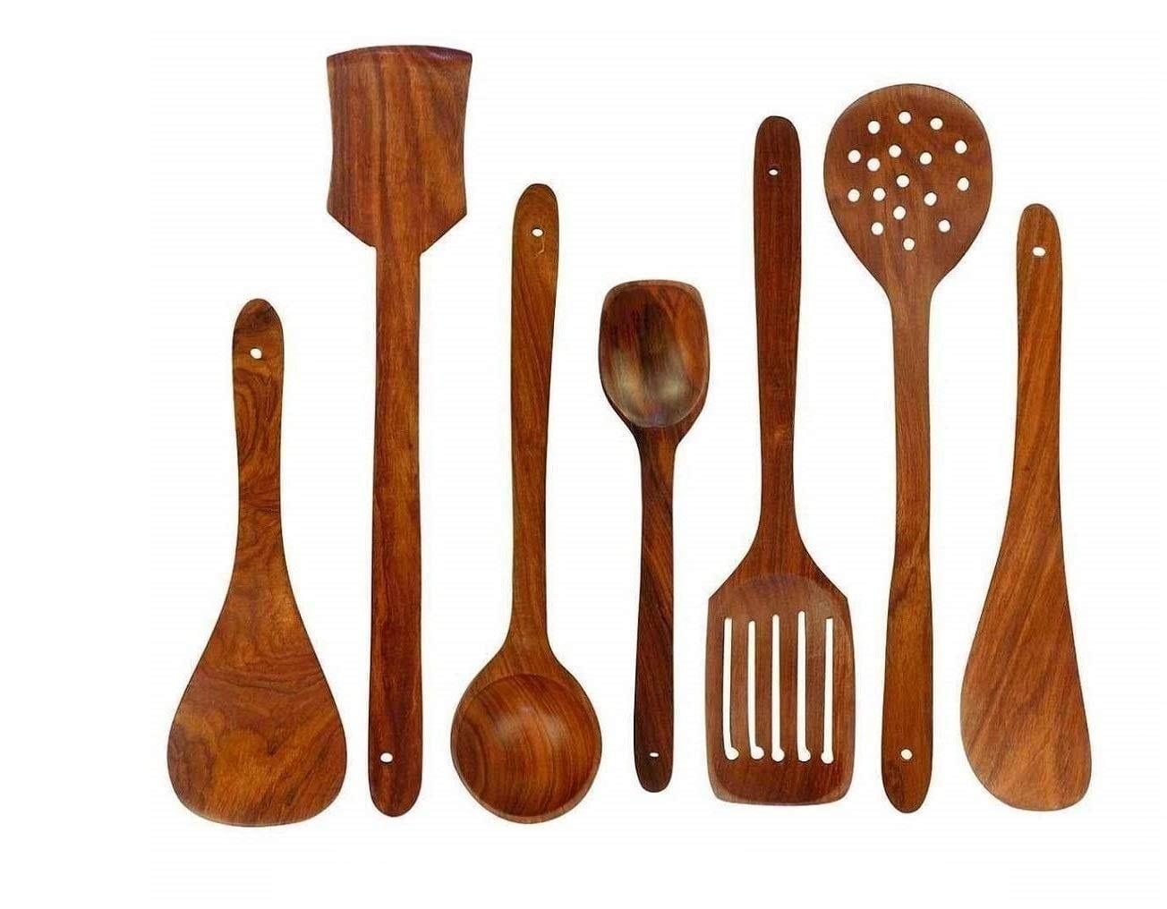 7 PCS Wooden Spoons and Spatula for Cooking, Sleek, Sold and Non-Stick Cookware for Home Use and Kitchen Dรฉcor - Ouch Cart