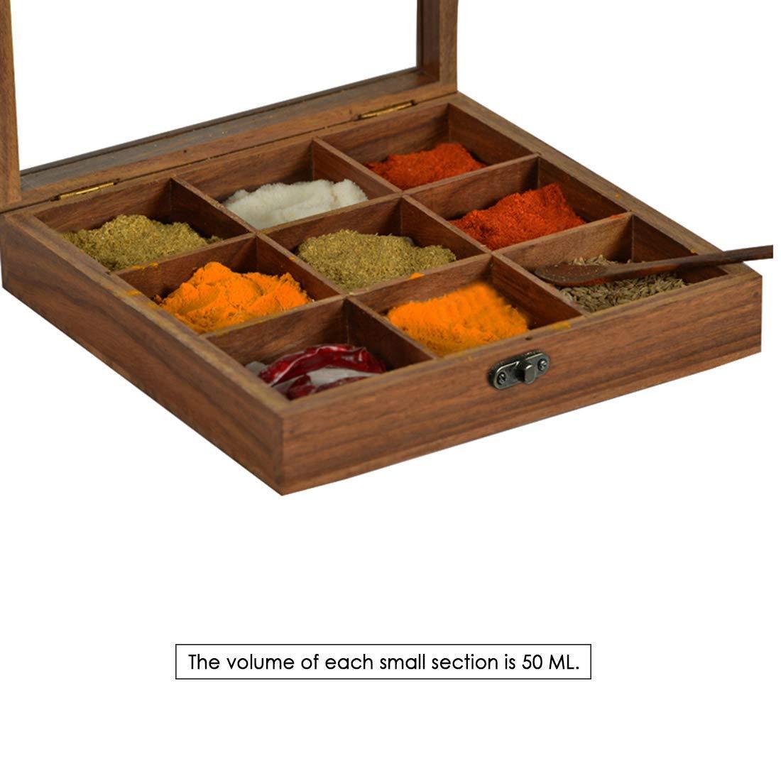 Sheesham Wooden Table Top Masala Dabba Containers Jars Cum Kitchen Spice Box with Spoon (Brown) - Ouch Cart
