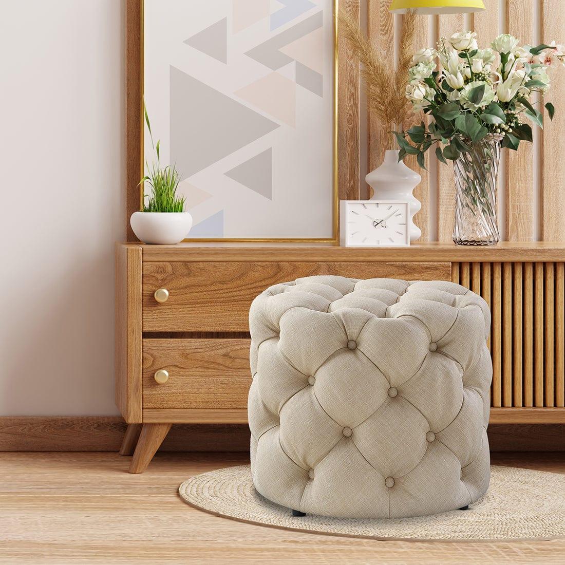 DOE BUCK ROUND TUFTED VELVET OTTAMAN/POUFEE IN CREAM - Ouch Cart