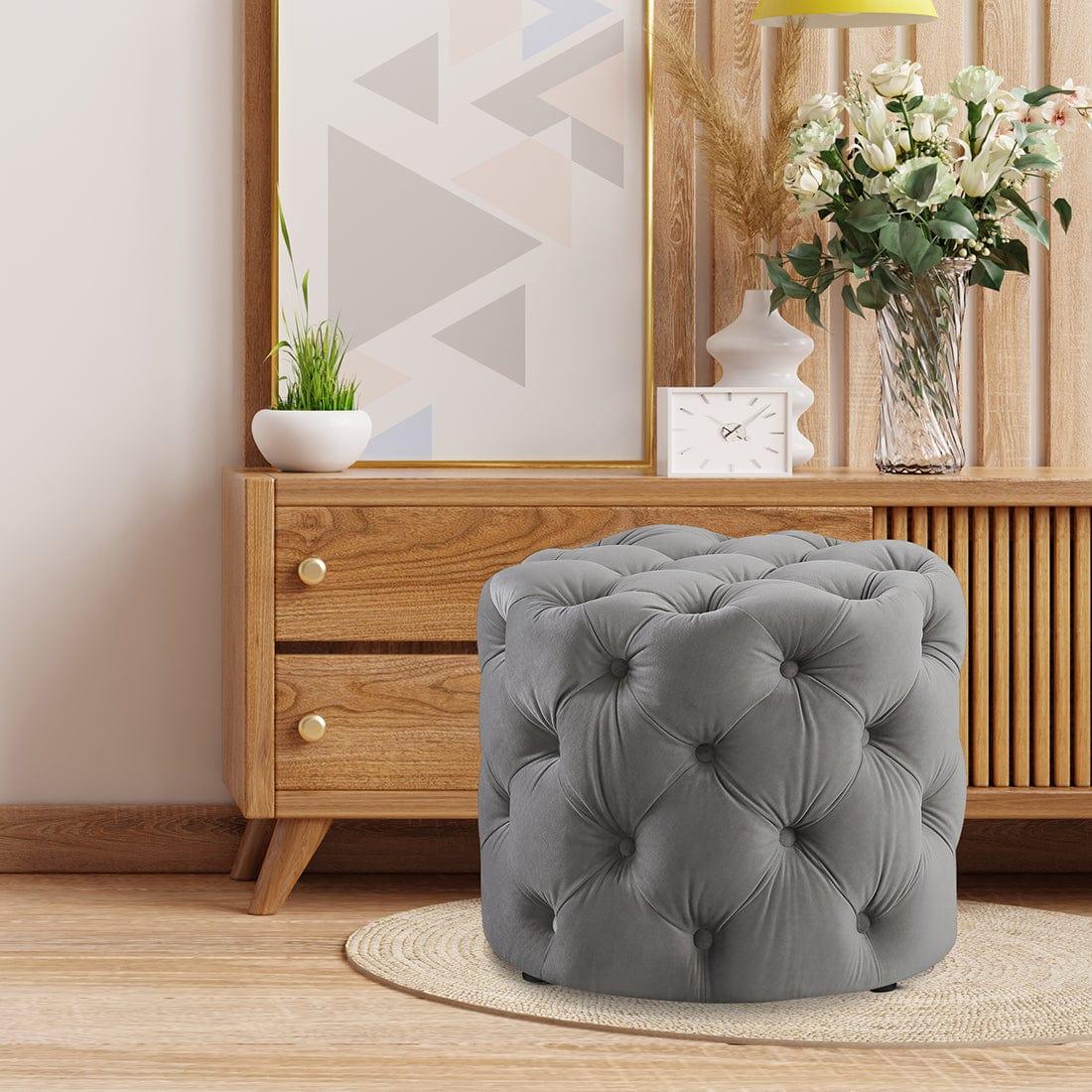 DOE BUCK ROUND TUFTED VELVET OTTAMAN/POUFEE IN GREY - Ouch Cart