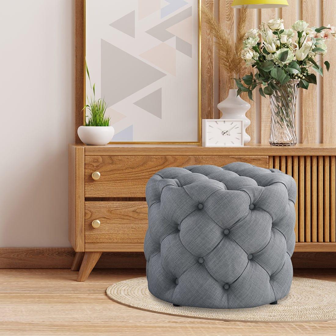 DOE BUCK ROUND TUFTED VELVET OTTAMAN/POUFEE IN LIGHT GREY - Ouch Cart