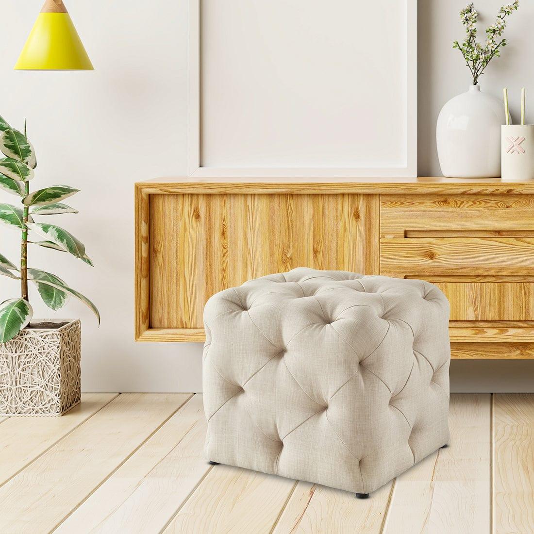 DOE BUCK SQUARE TUFTED VELVET OTTAMAN/POUFEE IN CREAM - Ouch Cart