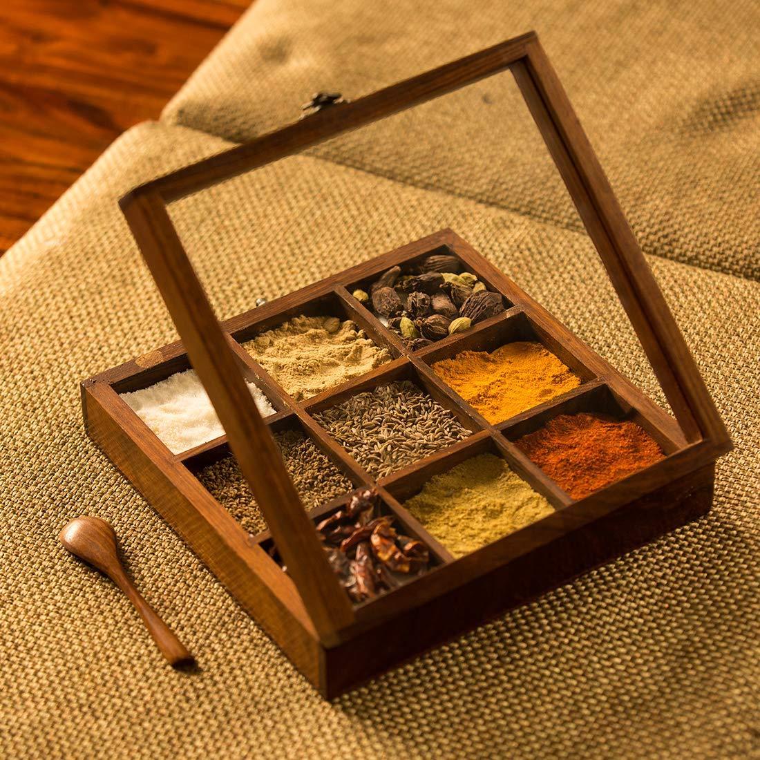 Sheesham Wooden Table Top Masala Dabba Containers Jars Cum Kitchen Spice Box with Spoon (Brown) - Ouch Cart